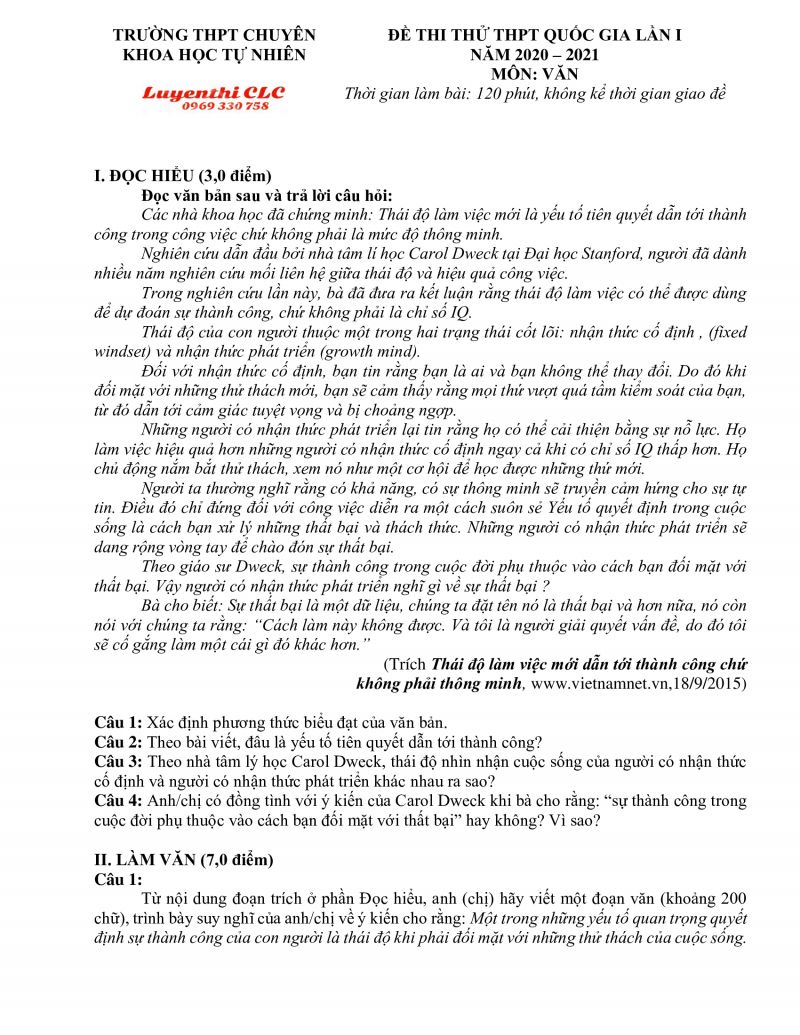 Đề thi thử THPT Quốc Gia lần 1 môn Ngữ Văn Trường THPT CHUYÊN KHTN Hà Nội năm 2021