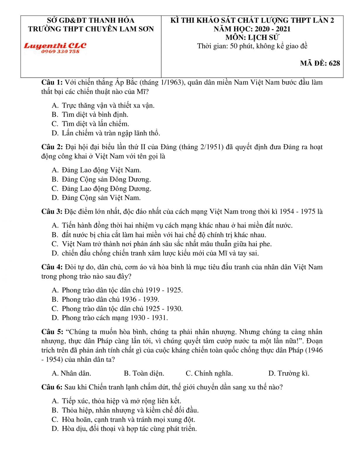 Đề thi khảo s&aacute;t chất lượng THPT lần 2 m&ocirc;n Lịch Sử Trường THPT CHUY&Ecirc;N Lam Sơn, tỉnh Thanh H&oacute;a năm 2020