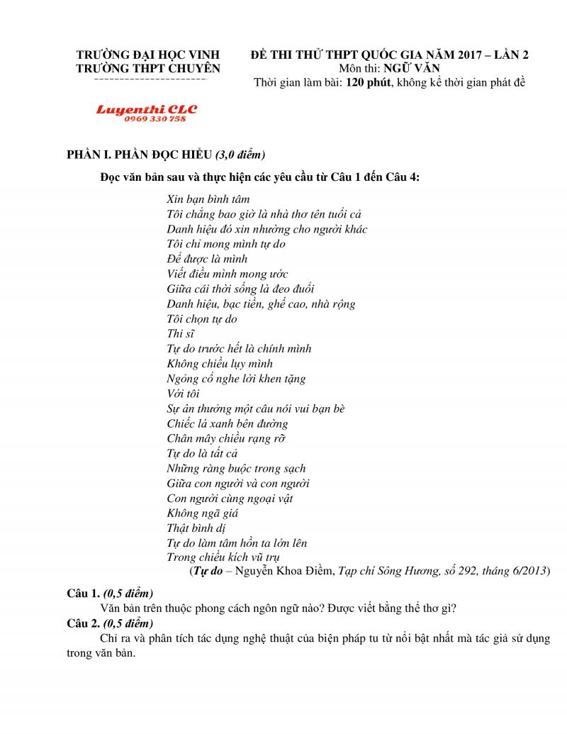Đề thi thử THPT Quốc Gia môn Ngữ Văn năm 2017 - lần 2 Đại học Vinh