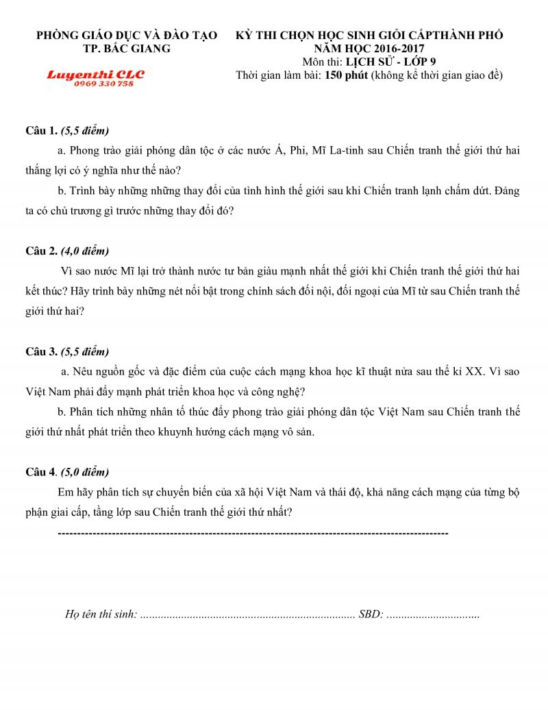Đề thi chọn HSG cấp thành phố môn Lịch Sử lớp 9 và đáp án tỉnh Bắc Giang năm 2016