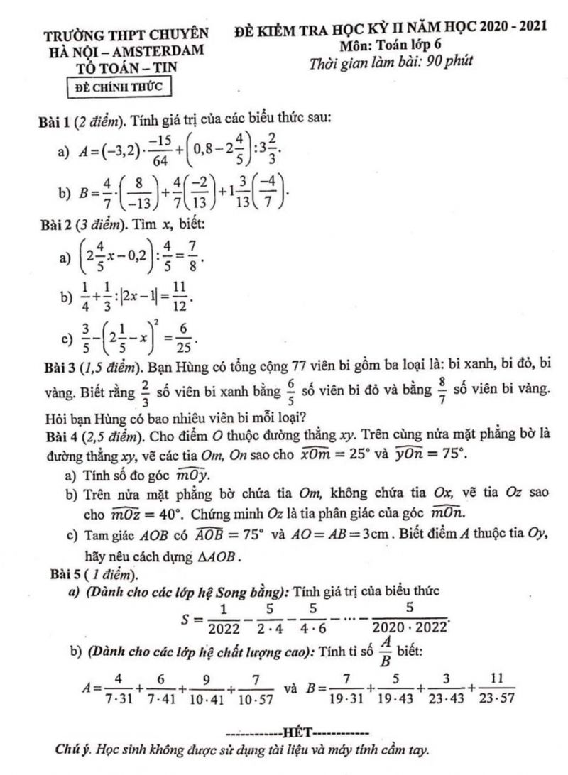Đề kiểm tra học kì II môn Toán lớp 6 Trường THPT CHUYÊN Hà Nội - Amsterdam năm 2020