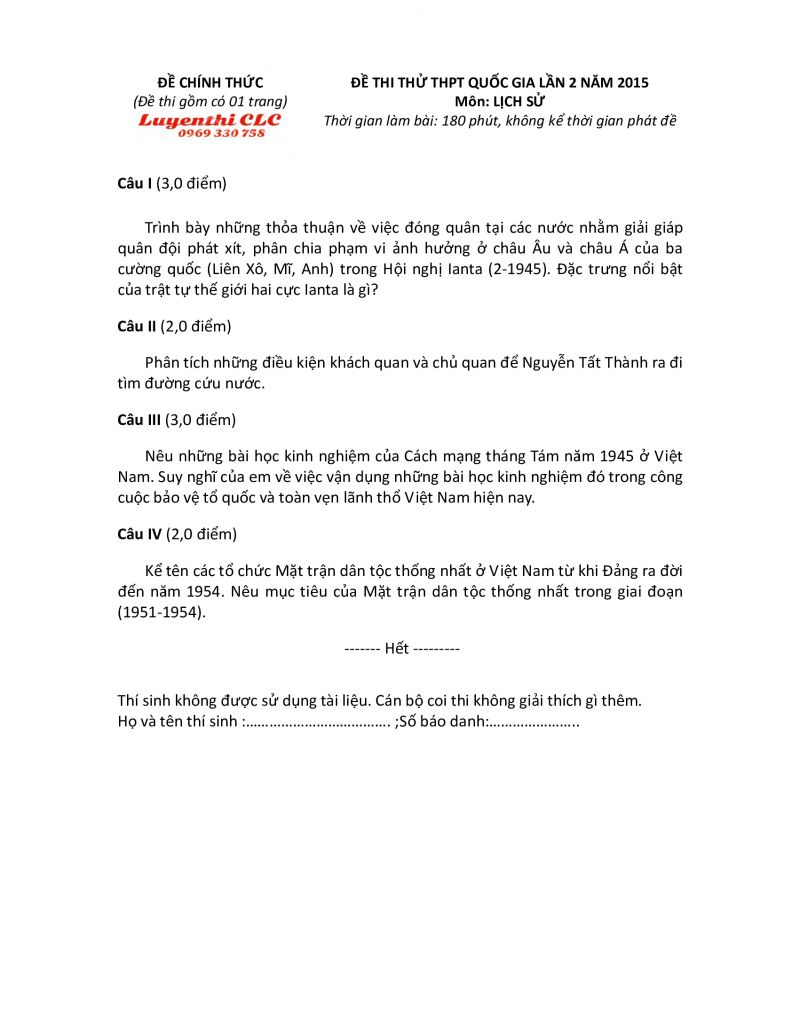 Đề thi thử THPT Quốc Gia lần 2 môn Lịch Sử năm 2015