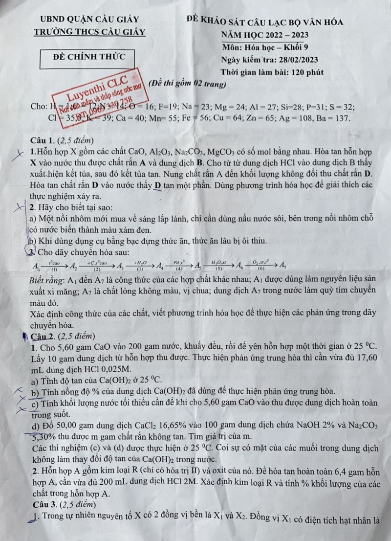 Đề khảo sát CLB Văn hóa môn Hóa Học khối 9 Trường THCS Cầu Giấy  năm 2023
