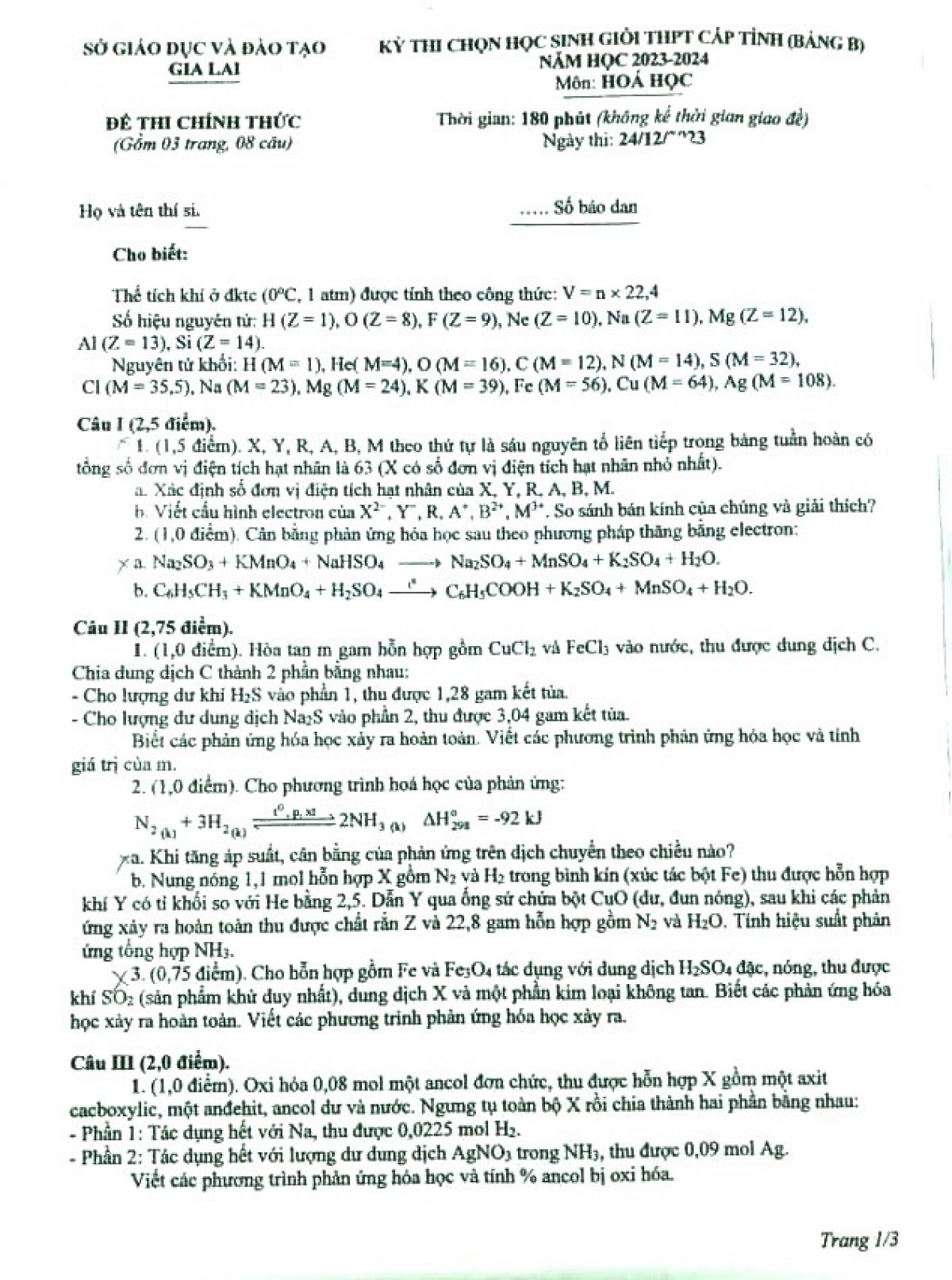Đề thi chọn HSG m&ocirc;n H&oacute;a Học cấp THPT - Bảng B tỉnh Gia Lai năm 2023