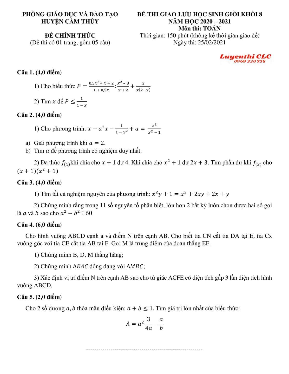 Đề thi chọn HSG m&ocirc;n To&aacute;n lớp 8 huyện Cẩm Thủy tỉnh Thanh H&oacute;a năm 2021