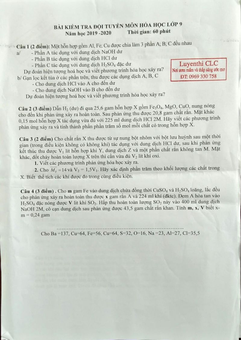 Đề kiểm tra đội tuyển HSG môn Hóa Học lớp 9 năm học 2019 - 2020