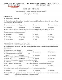 Đề thi chọn HSG m&ocirc;n Tiếng Anh lớp 9 huyện Tam N&ocirc;ng, tỉnh Ph&uacute; Thọ năm 2018