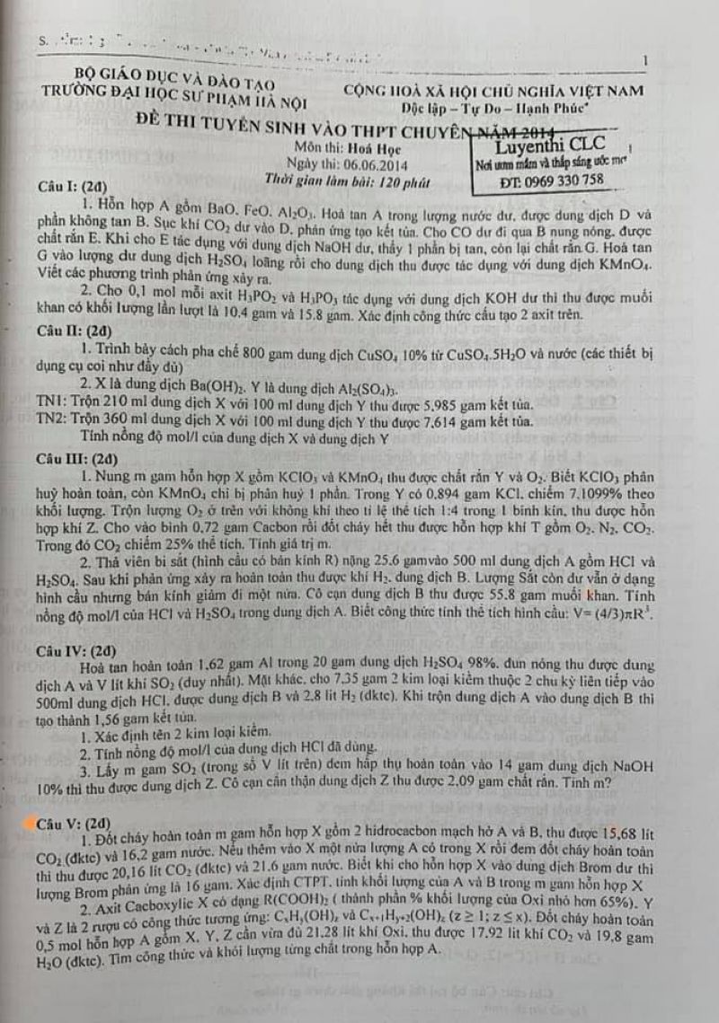 Đề thi tuyển sinh vào THPT CHUYÊN môn Hóa Học Trường Đại học Sư phạm Hà Nội năm 2014