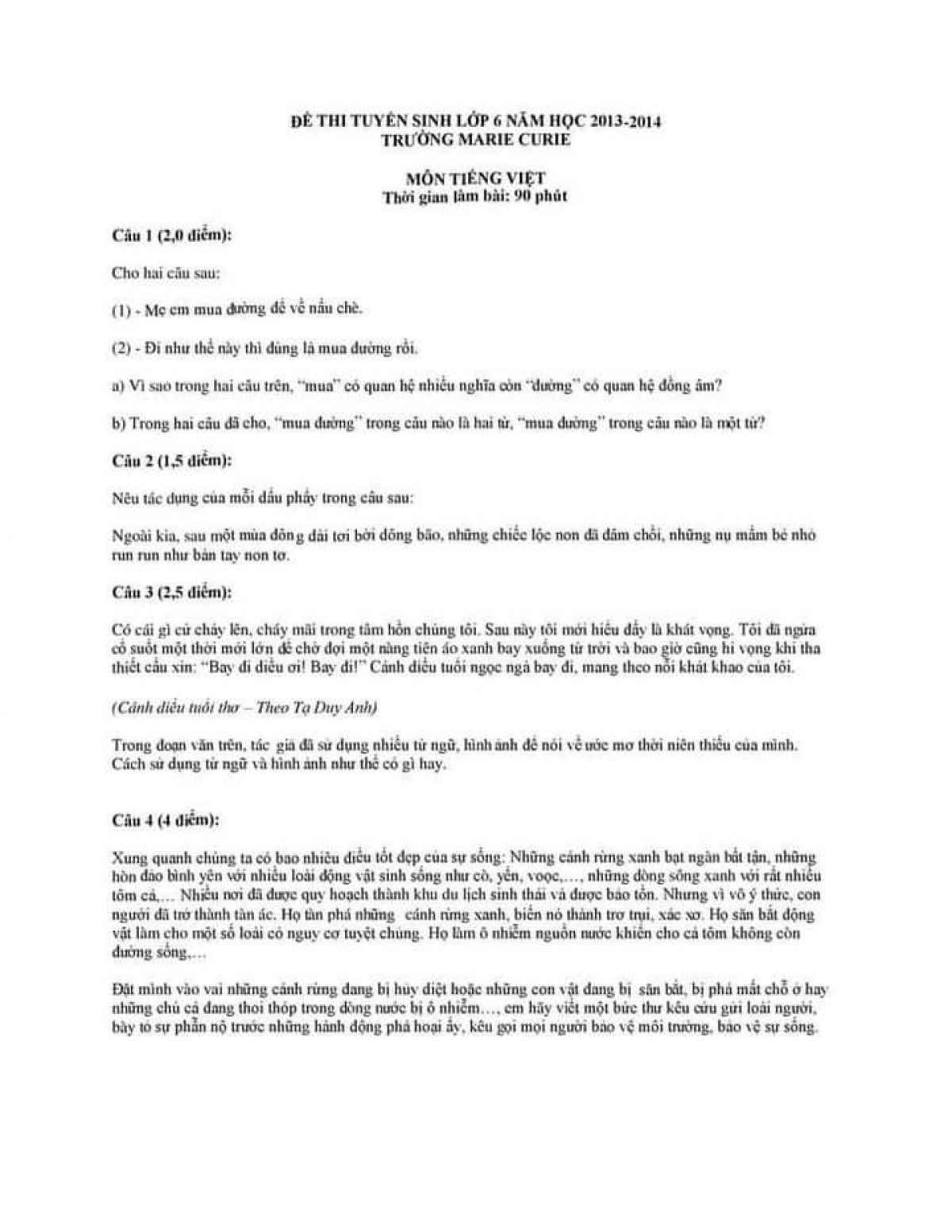 Đề thi tuyển sinh m&ocirc;n Tiếng Việt lớp 6 Trường Marie Curie năm 2014