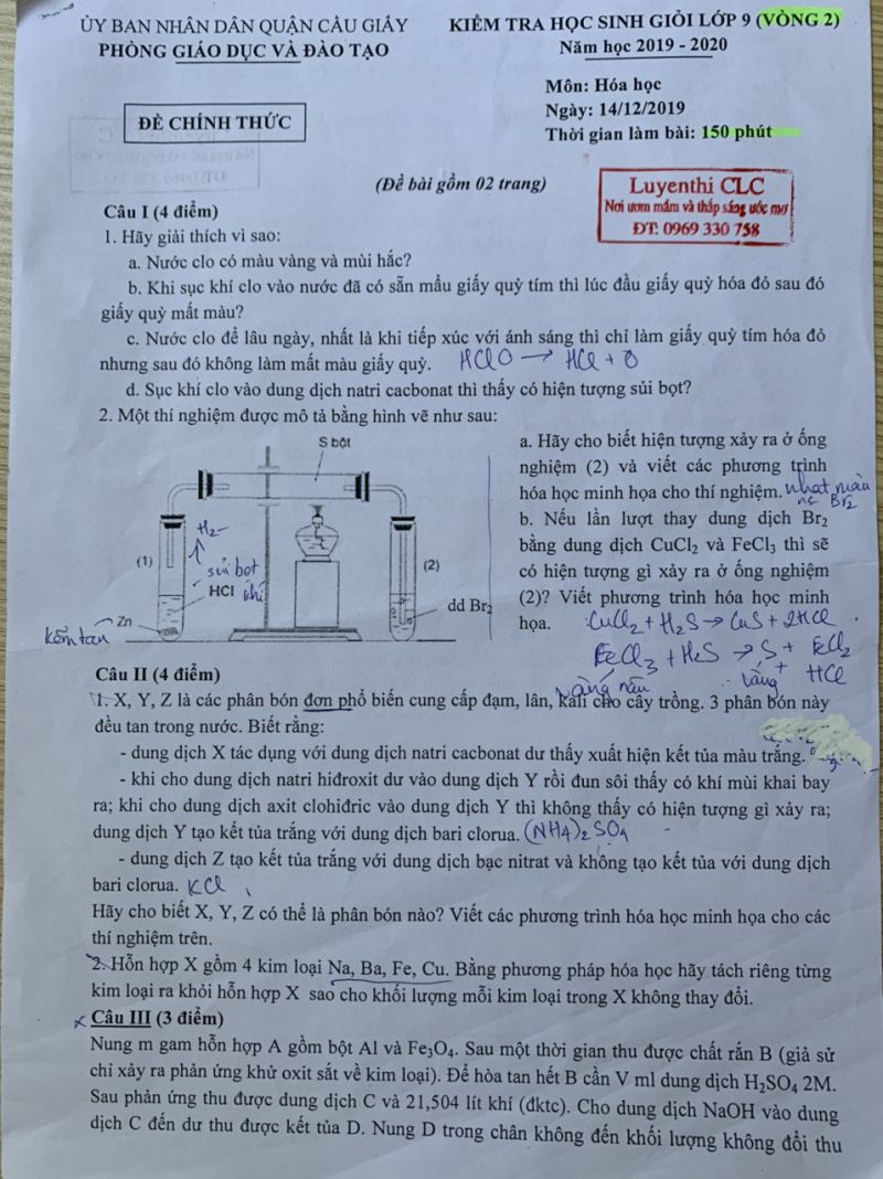 Đề kiểm tra HSG lớp 9 vòng 2 môn Hóa Học quận Cầu Giấy năm 2019