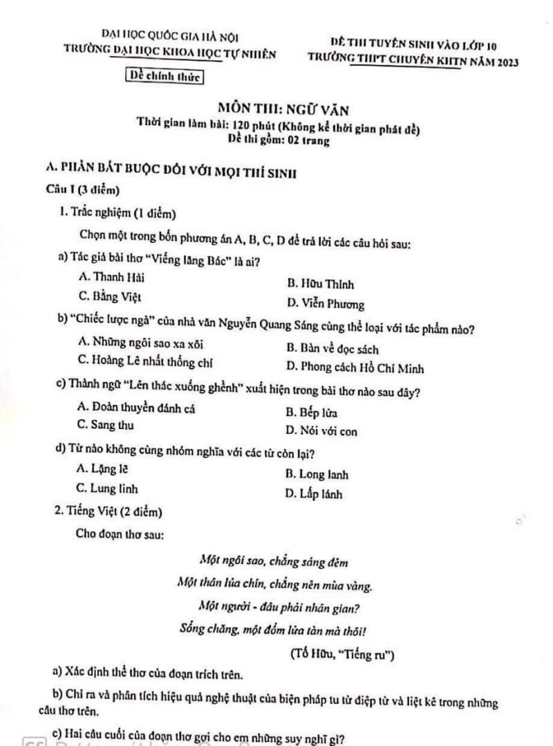Đề thi tuyển sinh vào lớp 10 môn Ngữ Văn Trường THPT CHUYÊN KHTNN Hà Nội năm 2023