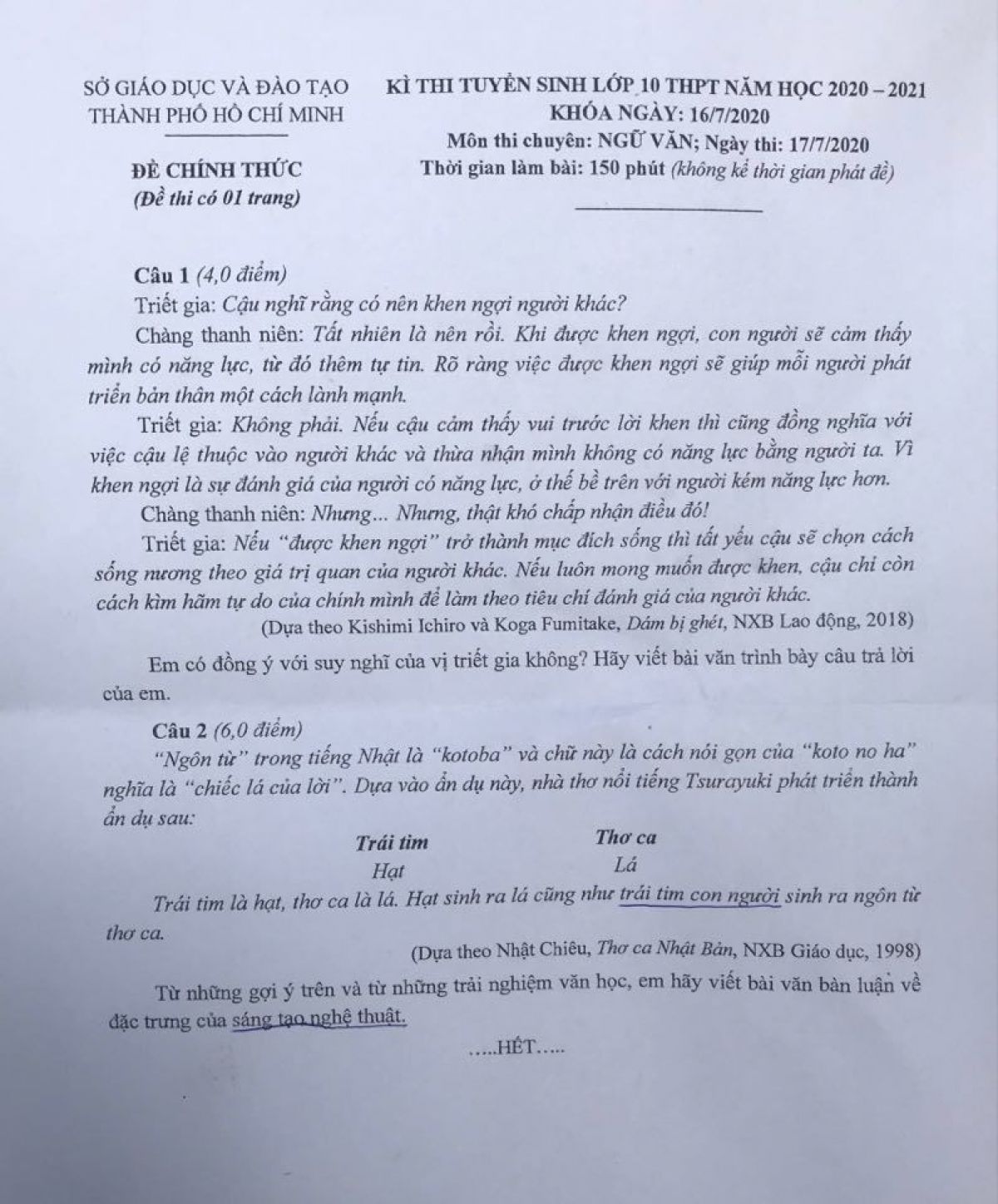 Đề thi tuyển sinh vào lớp 10 THPT CHUYÊN môn Ngữ Văn Thành phố Hồ Chí Minh năm 2020
