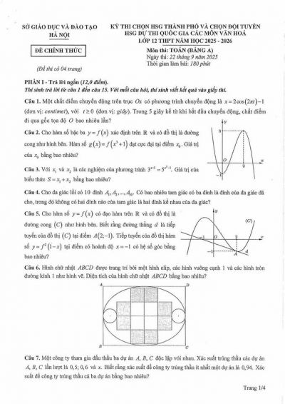 Đề thi chọn học sinh giỏi Toán 12 năm 2025 – 2026 Sở GD&amp;ĐT Hà Nội