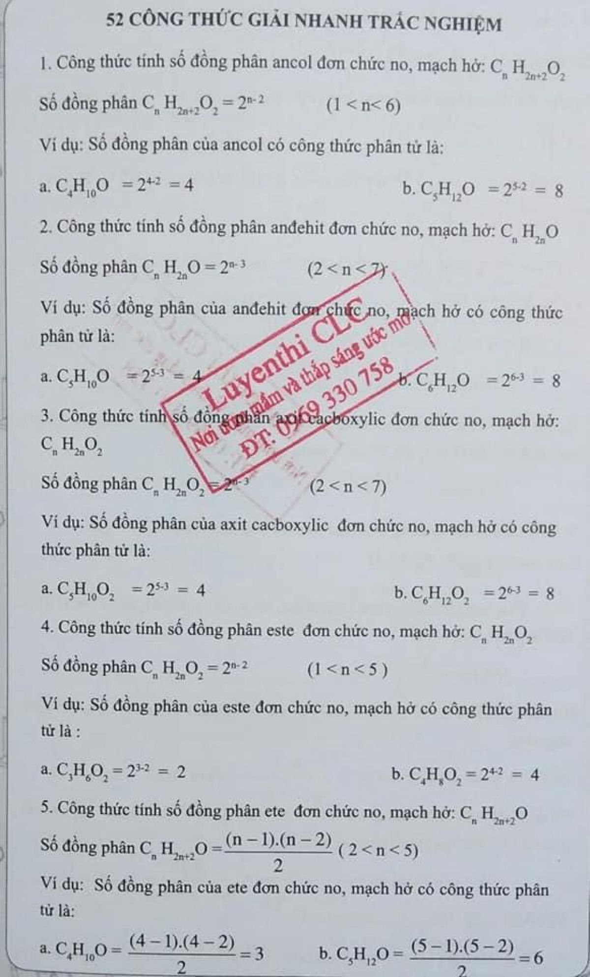 52 công thức giải nhanh trắc nghiệm môn Hóa