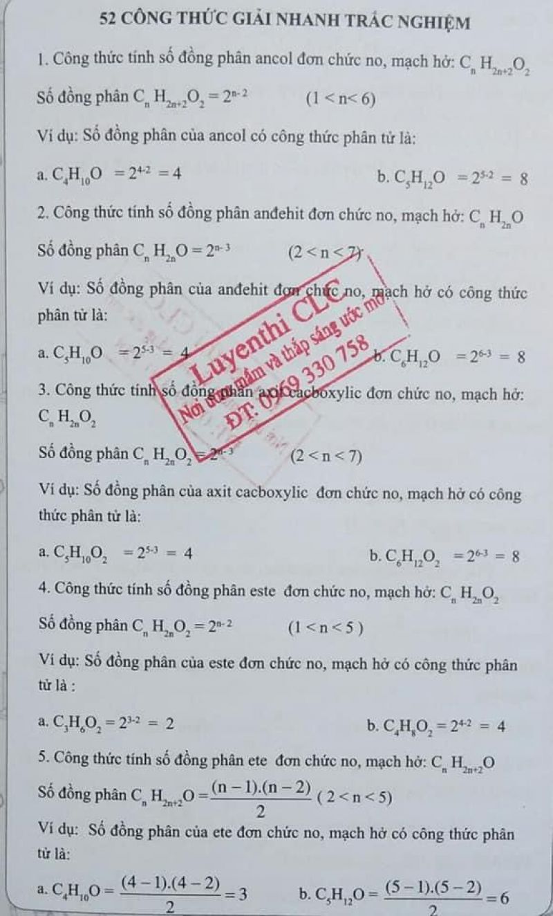 52 công thức giải nhanh trắc nghiệm môn Hóa