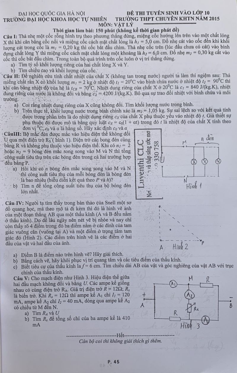 Đề thi tuyển sinh v&agrave;o lớp 10 m&ocirc;n Vật L&iacute; Trường THPT CHUY&Ecirc;N KHTN năm 2015
