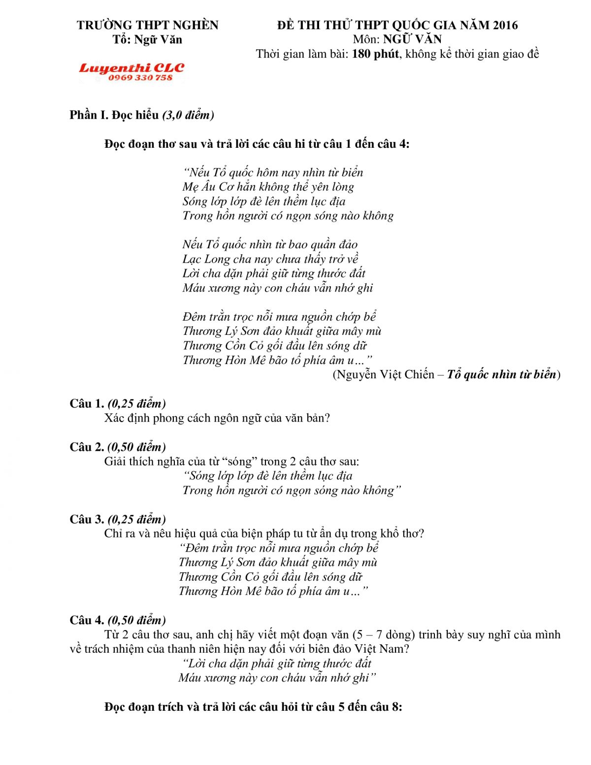 Đề thi thử THPT môn Ngữ Văn tỉnh Hà Tĩnh năm 2016