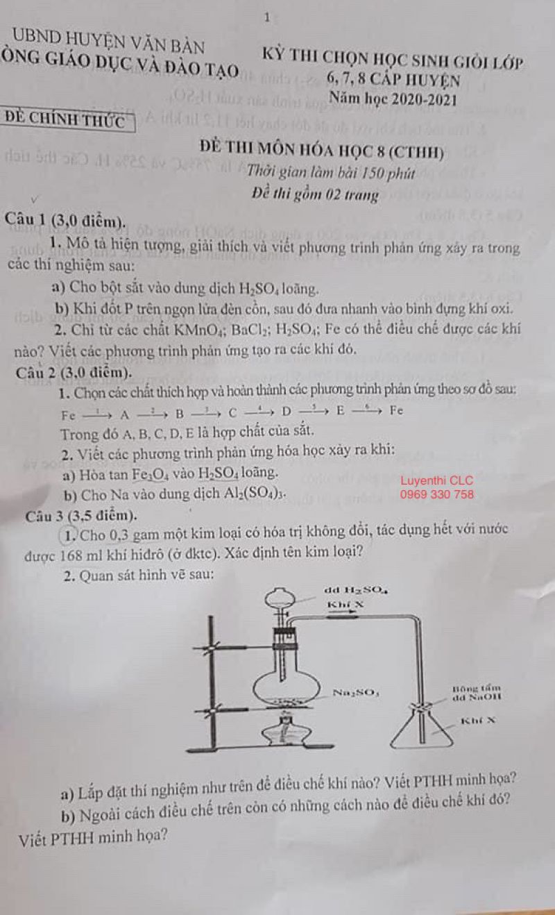 Đề thi chọn HSG môn Hóa Học lớp 8 huyện Văn Bàn, tỉnh Lào Cai năm 2021