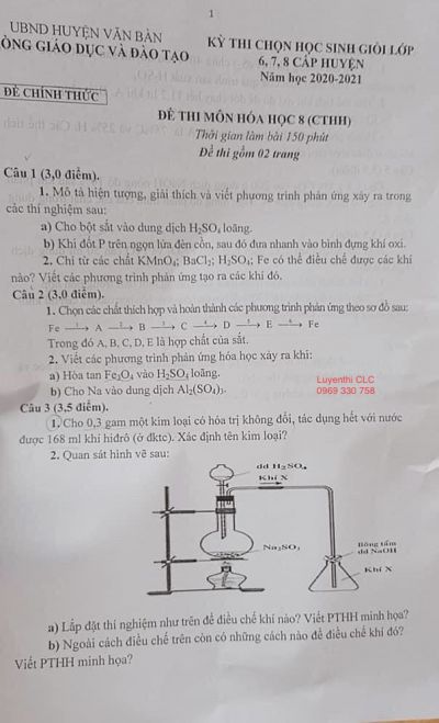Đề thi chọn HSG môn Hóa Học lớp 8 huyện Văn Bàn, tỉnh Lào Cai năm 2021