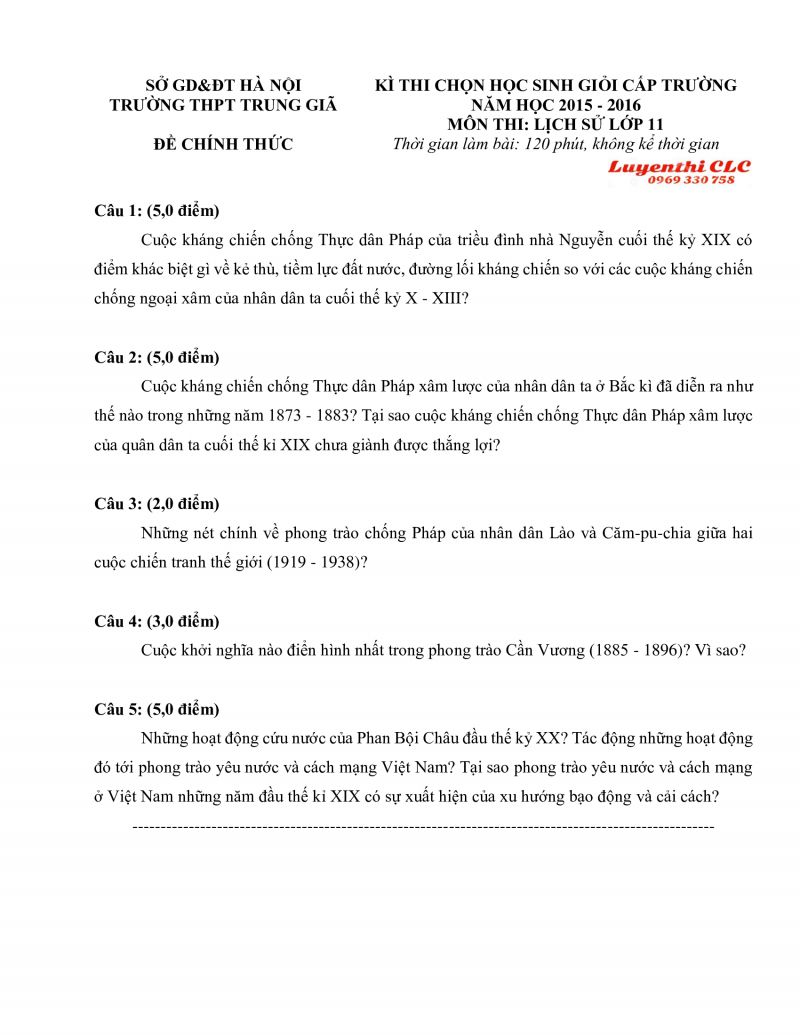 Đề  thi chọn HSG cấp trường môn Lịch Sử lớp 11 Trường THPT Trung Giã, Hà Nội năm 2015
