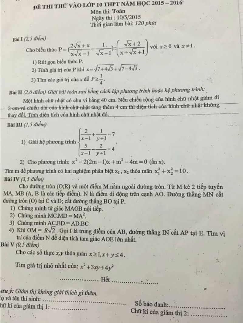 Đề thi thử vào lớp 10 THPT môn Toán năm 2015