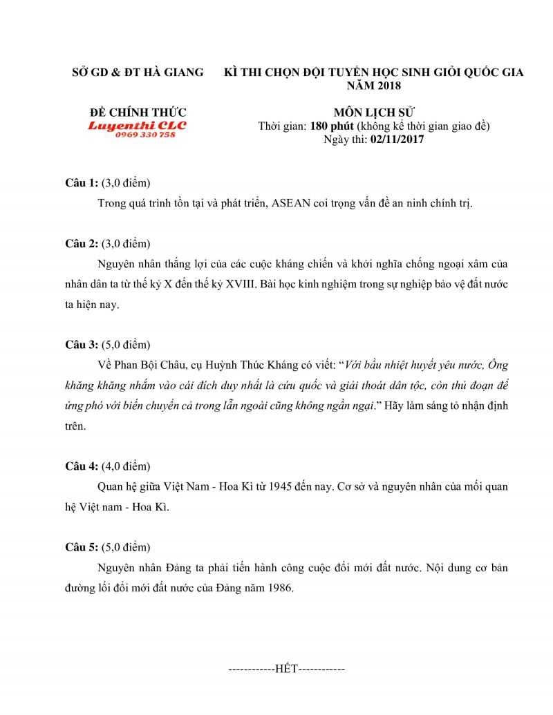 Đề thi chọn đội tuyển HSG Quốc Gia m&ocirc;n Lịch Sử tỉnh H&agrave; Giang năm 2017