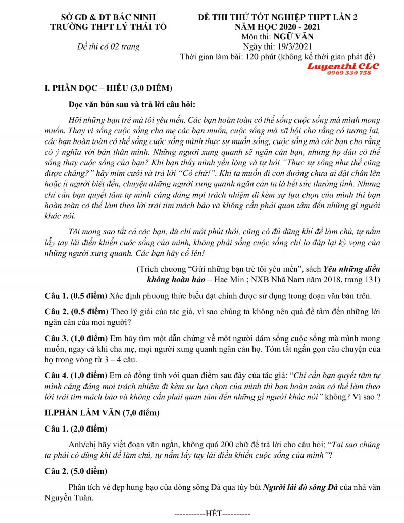 Đề thi thử THPT Quốc Gia môn Ngữ Văn - lần 2 Trường THPT Lý Thái Tổ tỉnh Bắc Ninh năm 2021