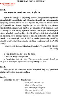 Đề thi tuyển sinh vào lớp 10 và đáp án môn Ngữ Văn tại Hà Tĩnh năm 2019