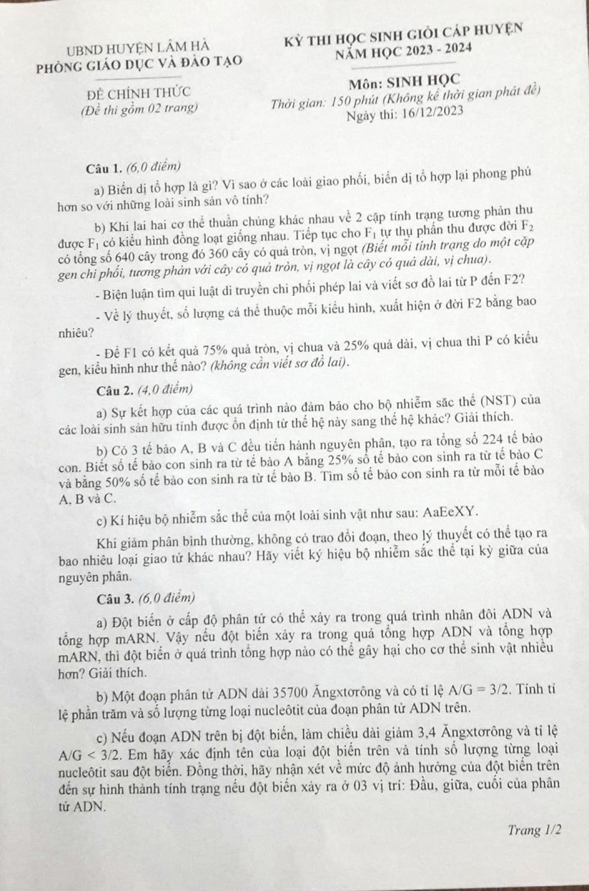 Đề thi chọn HSG m&ocirc;n Sinh học huyện L&acirc;m H&agrave;, tỉnh L&acirc;m Đồng năm 2023