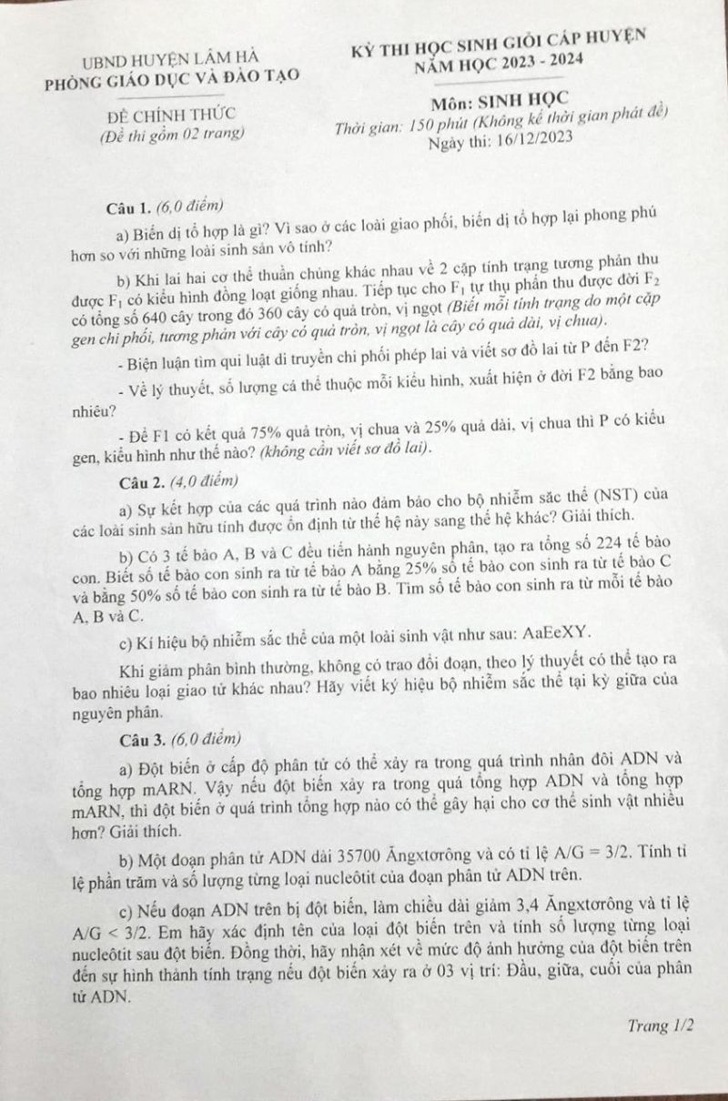 Đề thi chọn HSG môn Sinh học huyện Lâm Hà, tỉnh Lâm Đồng năm 2023