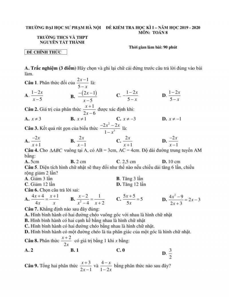 Đề kiểm tra học k&igrave; I m&ocirc;n To&aacute;n lớp 8 Trường THCS &amp; THPT Nguyễn Tất Th&agrave;nh năm 2019