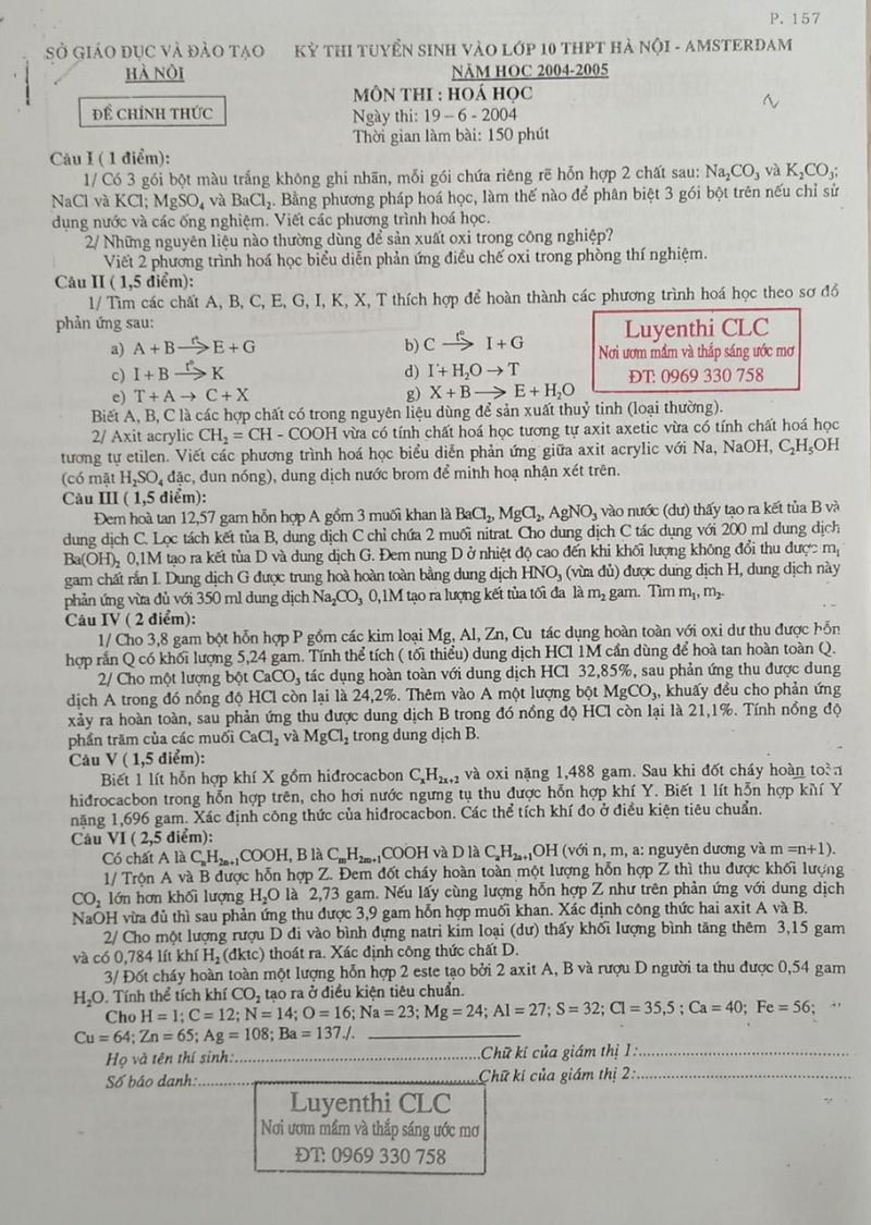 Đề thi tuyển sinh v&agrave;o lớp 10 THPT m&ocirc;n H&oacute;a Học Trường AMSTERDAM, H&agrave; Nội năm 2004