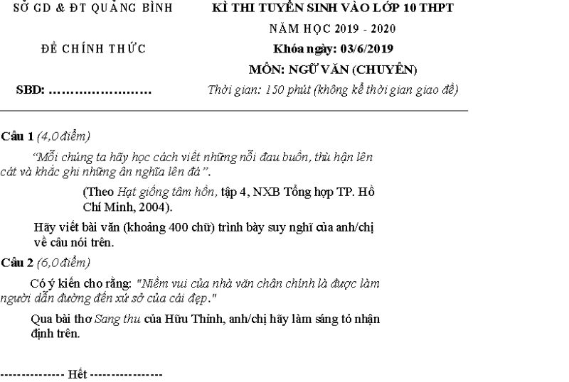 Đề thi tuyển sinh v&agrave;o lớp 10 v&agrave; đ&aacute;p &aacute;n m&ocirc;n Ngữ Văn THPT CHUY&Ecirc;N Quảng B&igrave;nh năm 2019