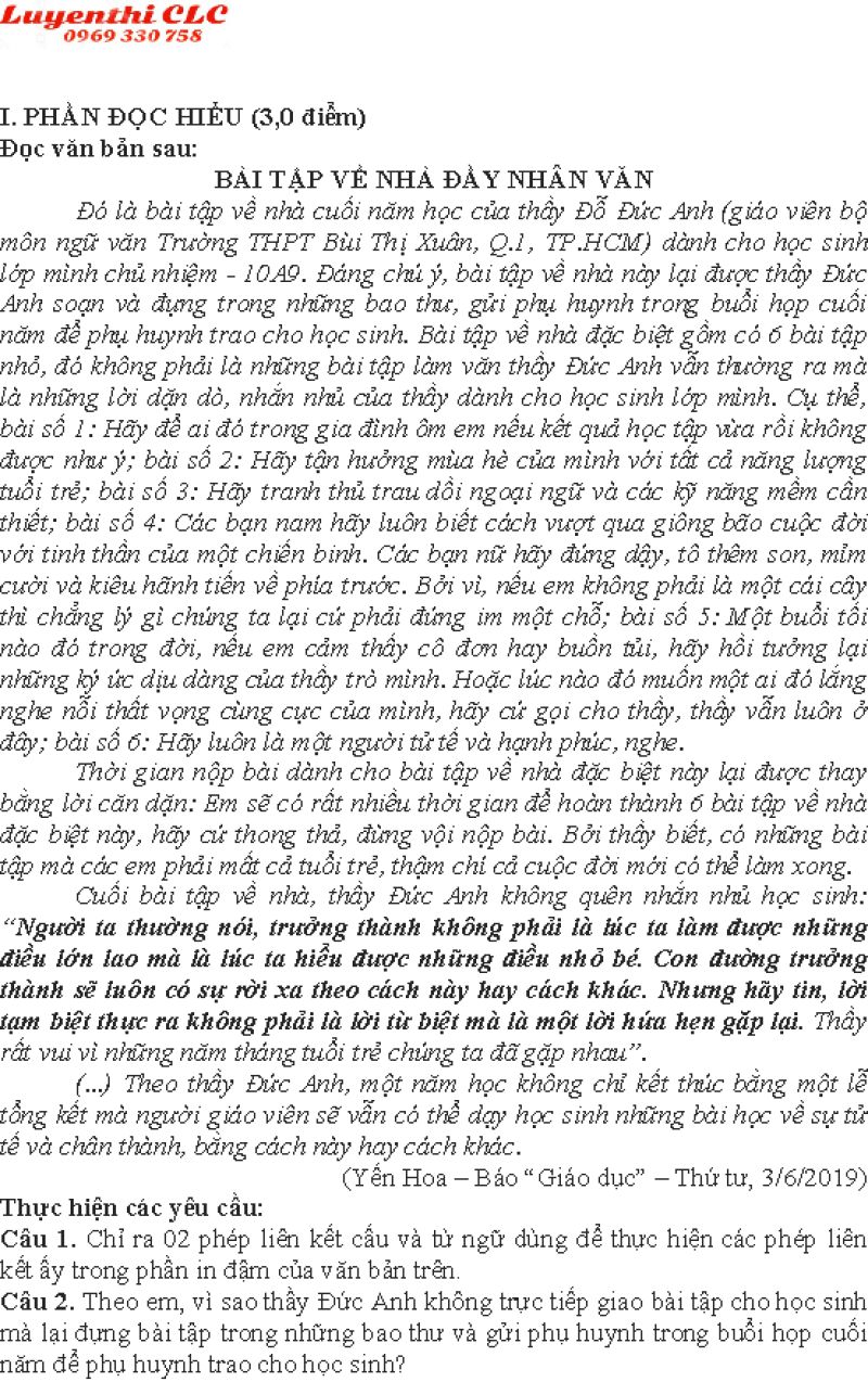 Đề thi tuyển sinh vào lớp 10 môn Ngữ Văn năm 2019 Bà Rịa Vũng Tàu