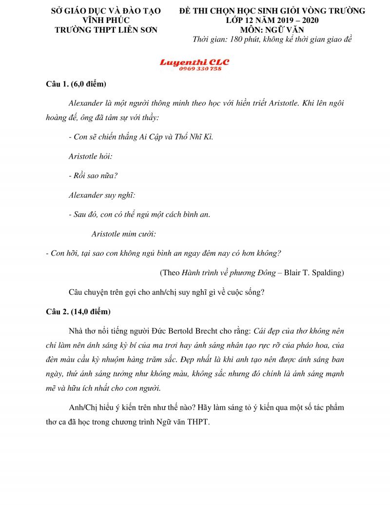 Đề thi chọn HSG vòng trường môn Ngữ Văn lớp 12 Trường THPT Liễn Sơn, tỉnh Vĩnh Phúc năm 2019