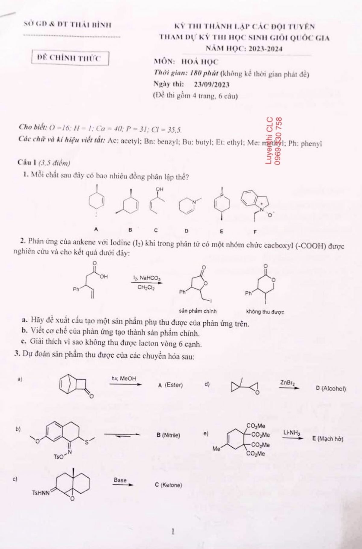 Đề thi th&agrave;nh lập đội tuyển tham dự k&igrave; thi chọn HSG quốc gia m&ocirc;n H&oacute;a Học tỉnh Th&aacute;i B&igrave;nh năm 2023