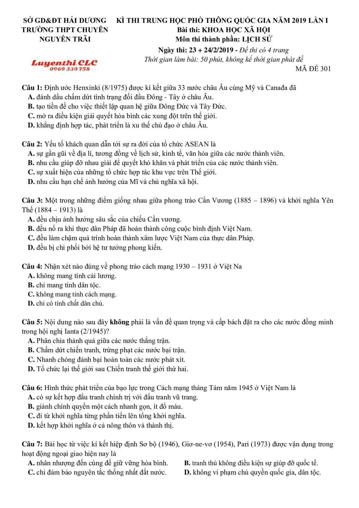 Đề thi THPT Quốc Gia lần 1 môn Lịch Sử Trường THPT CHUYÊN Nguyễn Trãi tỉnh Hải Dương năm 2019