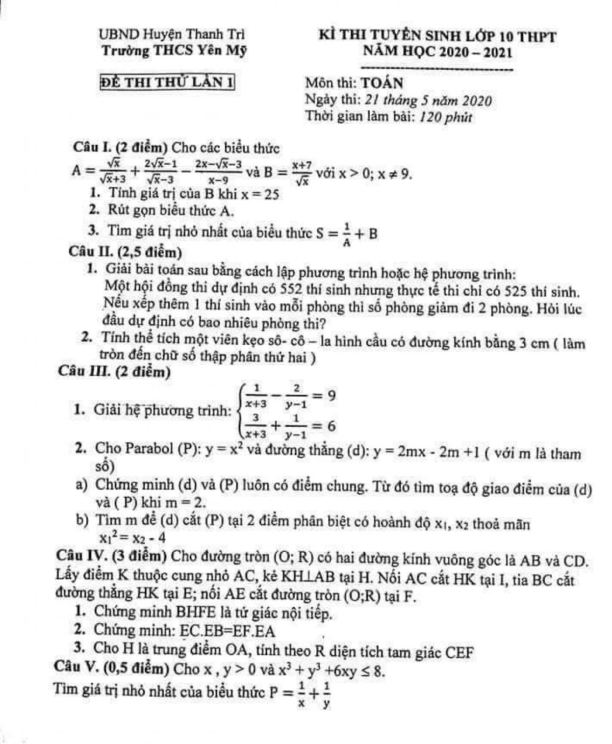 Đề thi tuyển sinh vào lớp 10 THPT môn Toán Trường THCS Yên Mỹ, huyện Thanh Trì, Hà Nội năm 2020