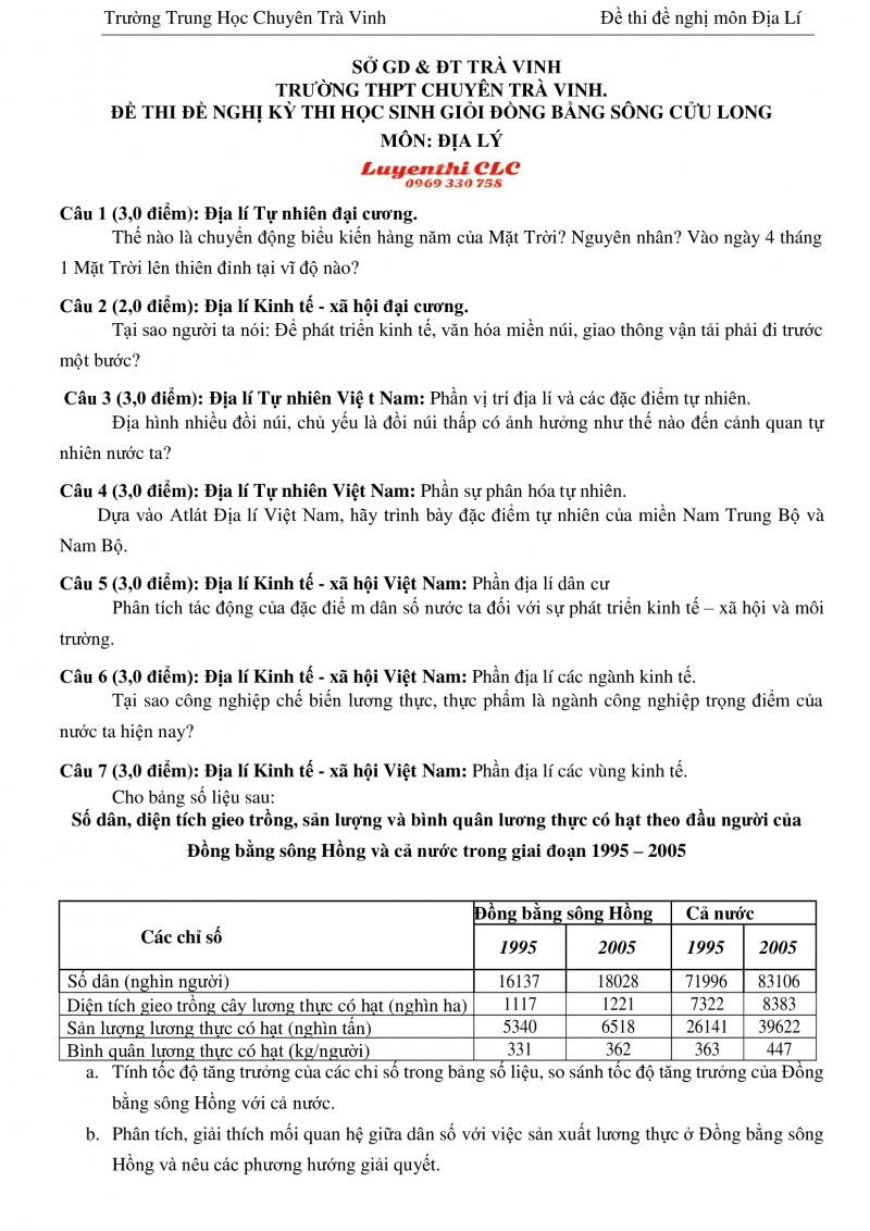 Đề thi đề nghị học sinh giỏi ĐBSCL m&ocirc;n Địa L&yacute; tỉnh Tr&agrave; Vinh năm 2012