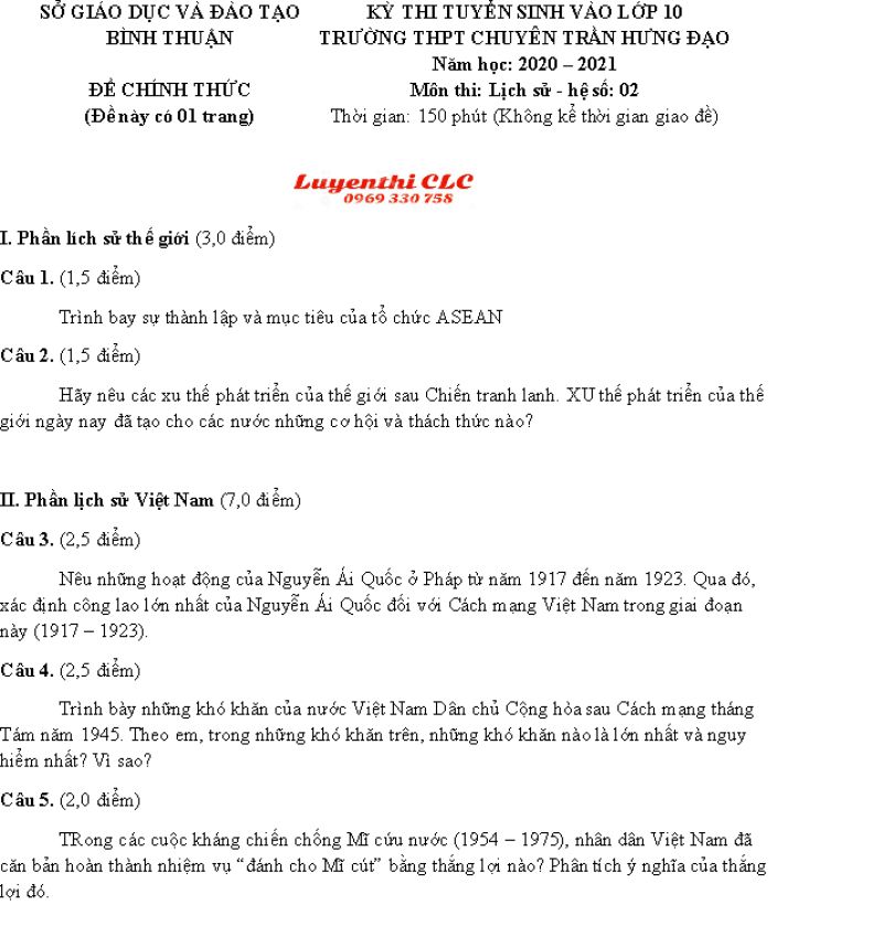 Đề thi tuyển sinh vào lớp 10 môn Lịch Sử Trường THPT CHUYÊN Trần Hưng Đạo - Bình Thuận năm 2020
