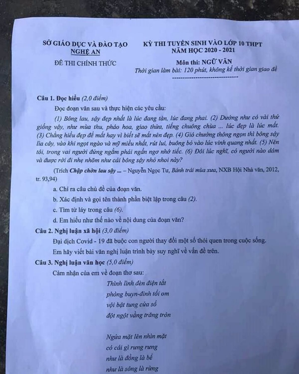 Đề thi tuyển sinh v&agrave;o lớp 10 THPT m&ocirc;n Ngữ Văn tỉnh Nghệ An năm 2020