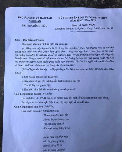 Đề thi tuyển sinh vào lớp 10 THPT môn Ngữ Văn tỉnh Nghệ An năm 2020