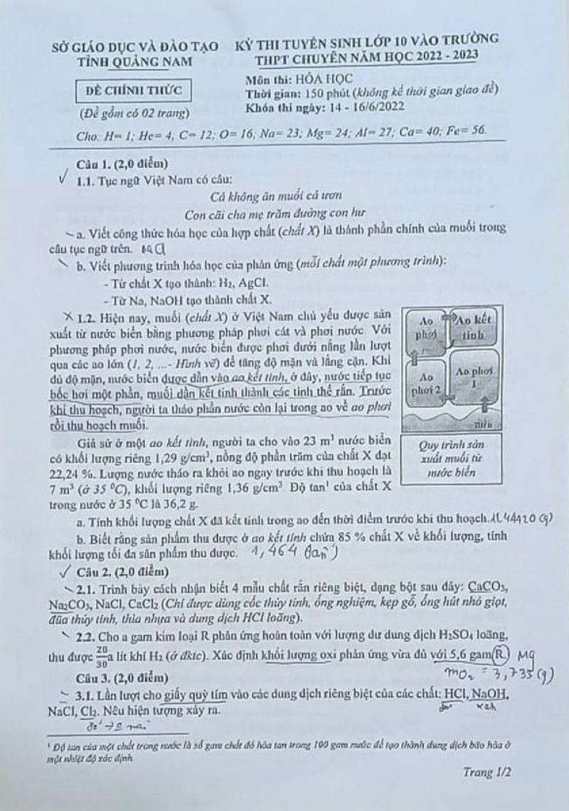 Đề thi tuyển sinh vào lớp 10 THPT CHUYÊN môn Hóa Học tỉnh Quảng Nam năm 2022