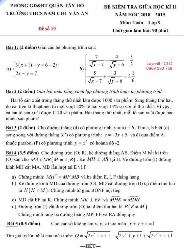 Đề kiểm tra giữa học kì II môn Toán lớp 9 Trường THCS Nam Chu Văn An, quận Tây Hồ, Hà Nội năm 2018