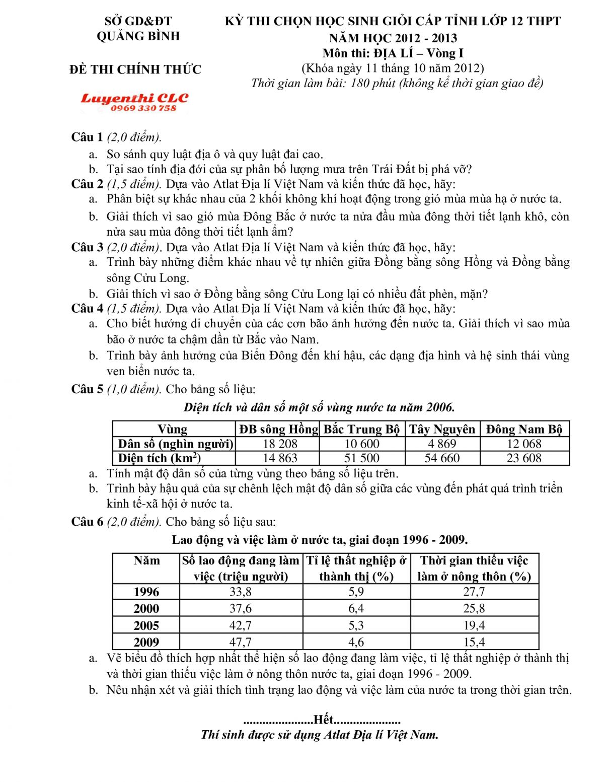 Đề thi chọn HSG cấp tỉnh lớp 12 THPT môn Địa Lí - Vòng I tỉnh Quảng Bình năm 2012