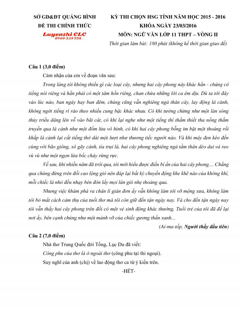 Đề thi chọn HSG tỉnh môn Ngữ Văn lớp 11 THPT - Vòng 2 tỉnh Quảng Bình năm 2016