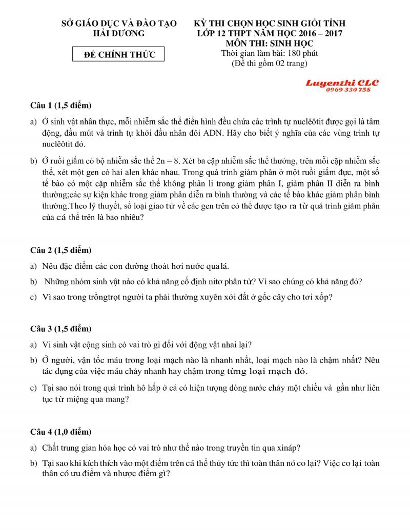 Đề thi chọn HSG môn Sinh học lớp 12 THPT tỉnh Hải Dương năm 2017