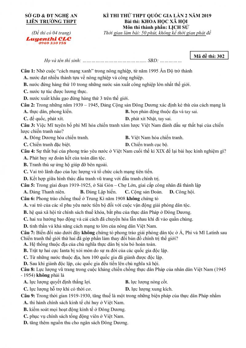 Đề thi thử THPT Quốc Gia lần 2 môn Lịch Sử tỉnh Nghệ An năm 2019
