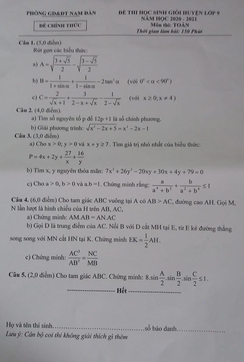 Đề thi chọn HSG môn Toán lớp 9 tại Mê Linh năm 2020