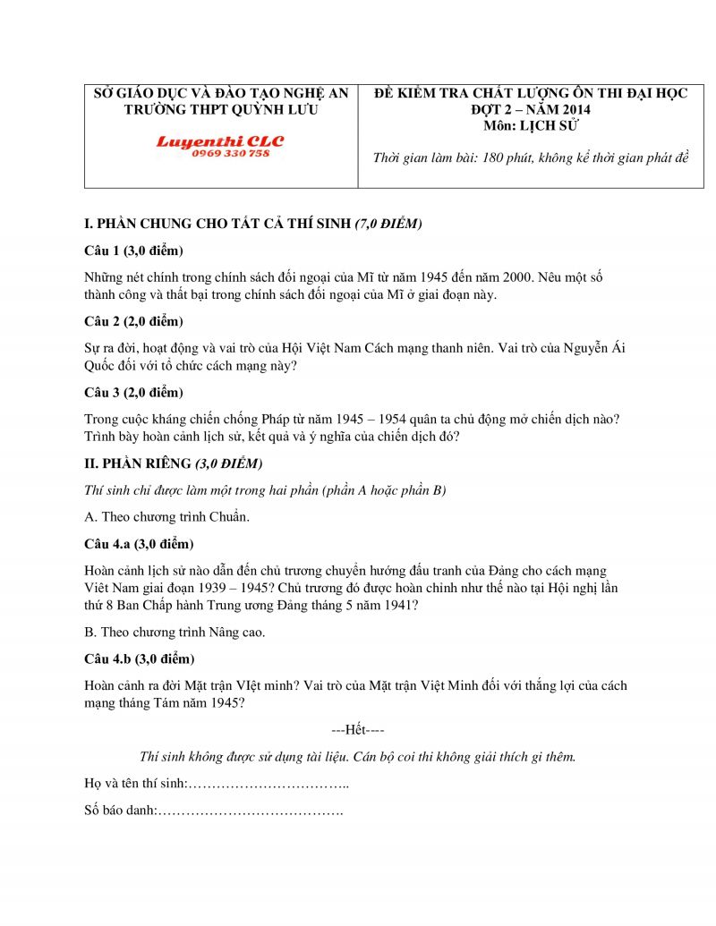 Đề kiểm tra chất lượng ôn thi đại học đợt 2 môn Lịch Sử huyện Quỳnh Lưu, Nghệ An năm 2014